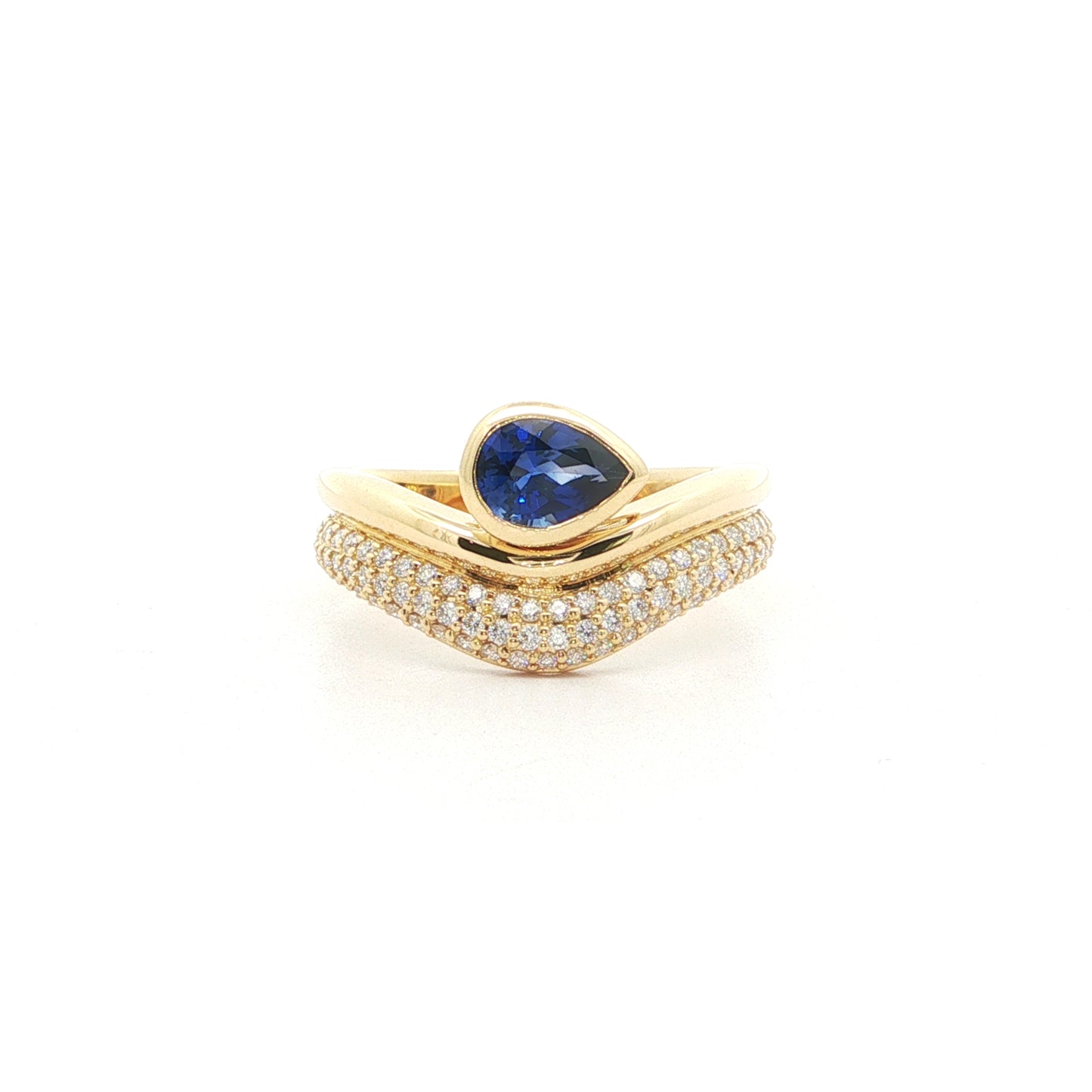 Blue Sapphire Pear Shape Swoop with Diamonds Ring 0.72/0.36ct 18K Yellow Gold Size 7
