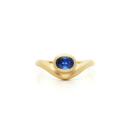 Blue Sapphire Oval Swoop Ring 0.80ct 18K Yellow Gold Size 7