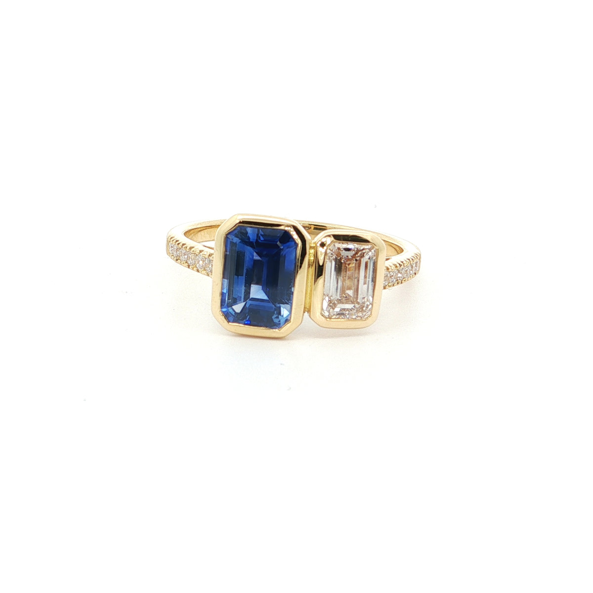 Blue Sapphire/Diamond Emerald Cut 2 Stone Ring 1.60/0.60/0.11ct 18K Yellow Gold Size 7