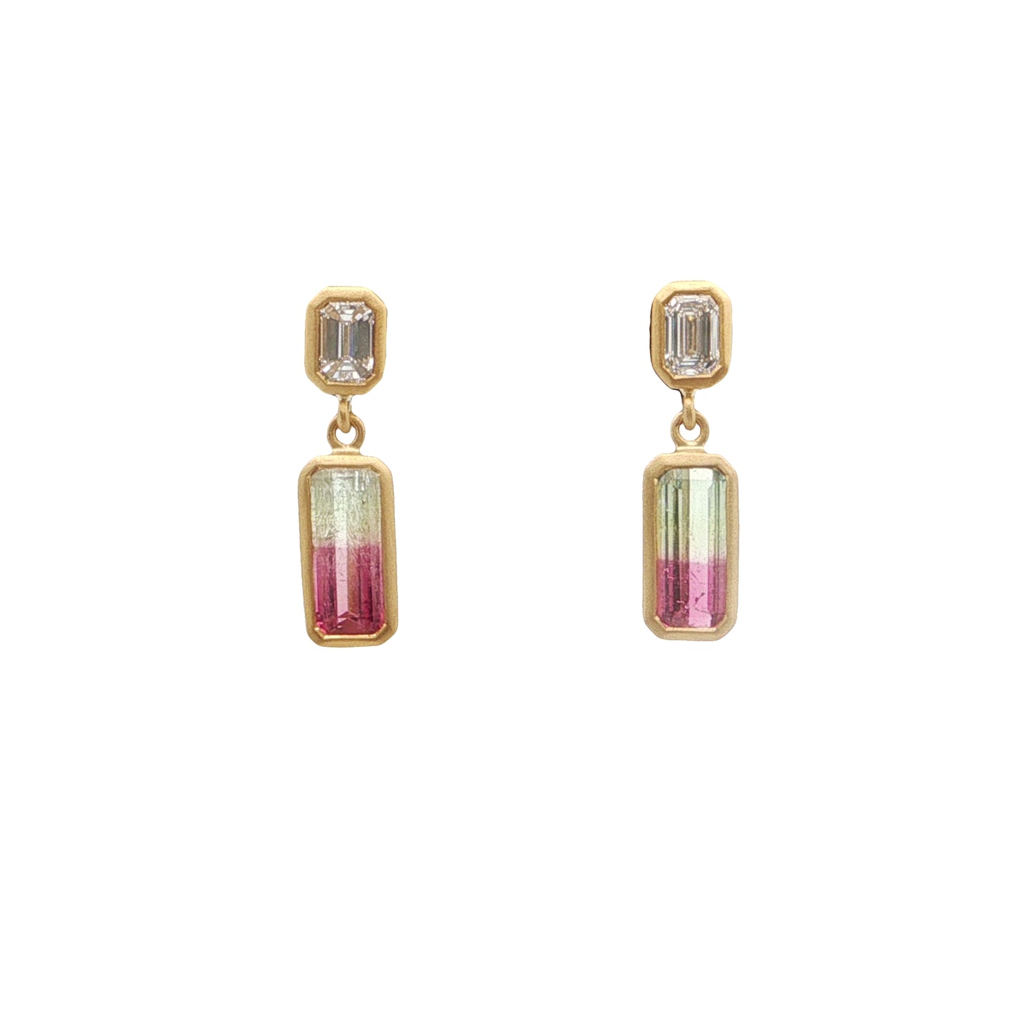 Bicolor Tourmaline/Diamond Emerald Cut Bezel Earring 1.40/0.41ct 18K Yellow Gold