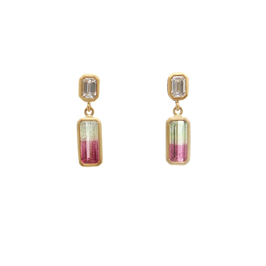Bicolor Tourmaline/Diamond Emerald Cut Bezel Earring 1.40/0.41ct 18K Yellow Gold