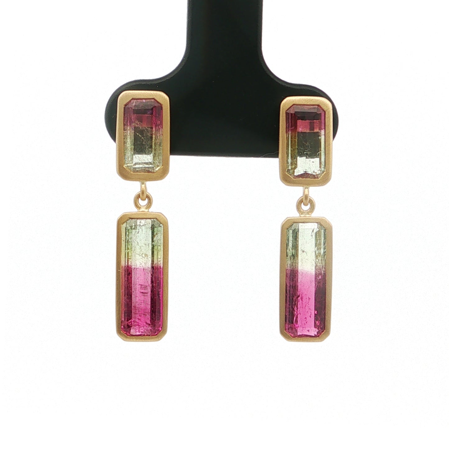 Bicolor Tourmaline Emerald Cut Bezel Earring 4.16ct 18K Yellow Gold