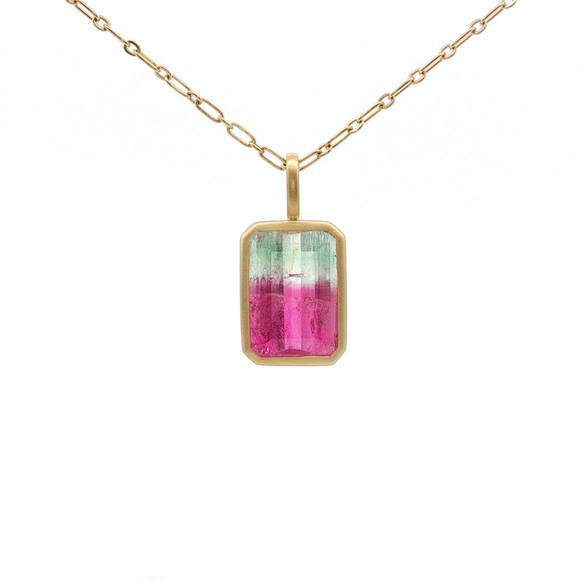 Bicolor Tourmaline Emerald Cut Bezel Necklace 6.17ct 18K Yellow Gold