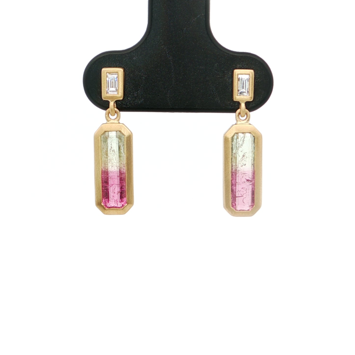 Bicolor Tourmaline/Diamond Emerald Cut Bezel Earring 1.32/0.12ct 18K Yellow Gold