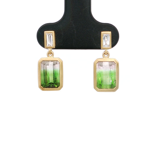 Bicolor Tourmaline/Diamond Emerald Cut Bezel Earring 3.85/0.25ct 18K Yellow Gold