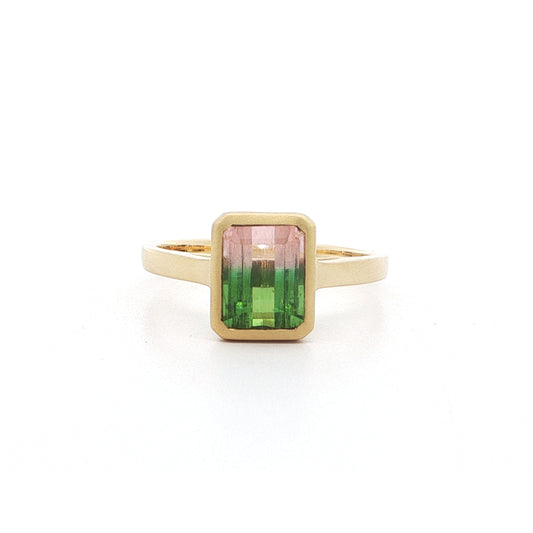 Bicolor Tourmaline Emerald Cut Bezel Ring 1.97ct 18K Yellow Gold Size 7