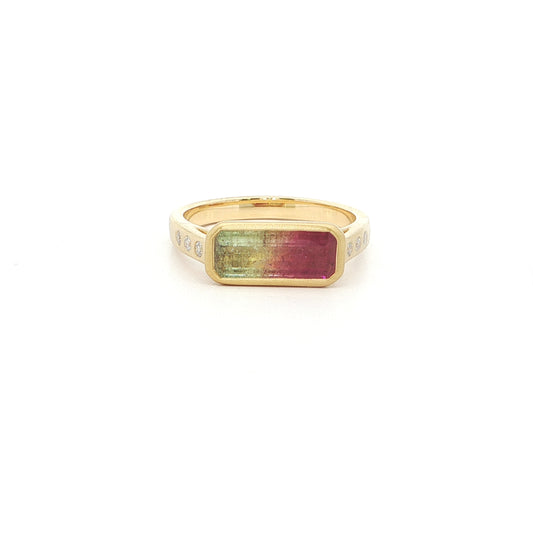Bicolor Tourmaline Emerald Cut Skinny Stack Ring 1.45/0.08ct 18K Yellow Gold (2) Size 7