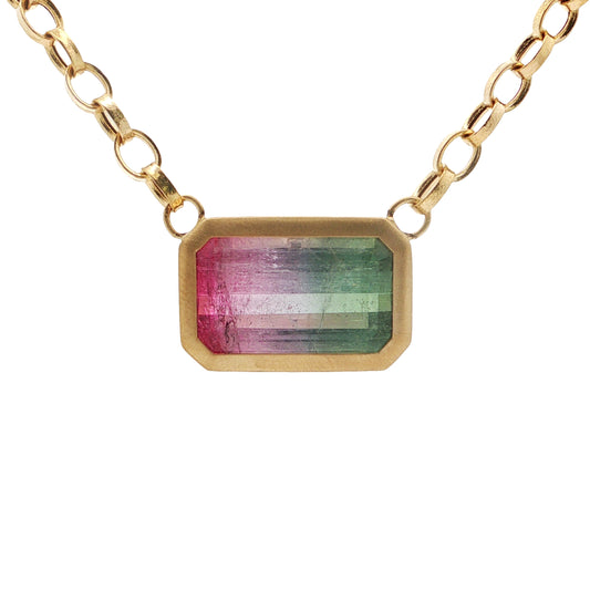 Bicolor Tourmaline Emerald Cut Bezel Necklace 12.13ct 18K Yellow Gold