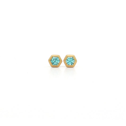 Blue Zircon Hexagon Bezel Earring 0.55ct 18K Yellow Gold