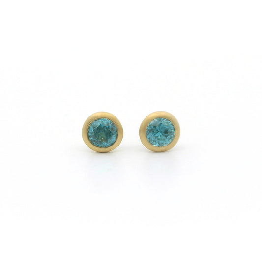 Blue Zircon Round Bezel Earring 0.98ct 18K Yellow Gold