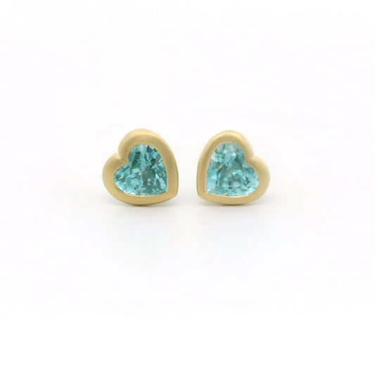 Blue Zircon Heart Bezel Earring 1.13ct 18K Yellow Gold