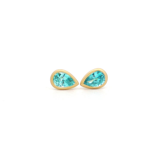 Blue Zircon Pear Shape Bezel Earring 1.19ct 18K Yellow Gold