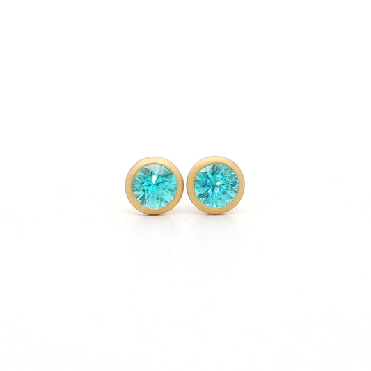 Blue Zircon Round Bezel Earring 1.61ct 18K Yellow Gold