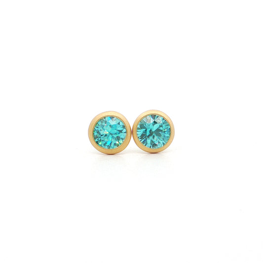 Blue Zircon Round Bezel Earring 1.89ct 18K Yellow Gold