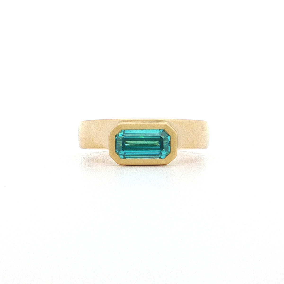 Blue Zircon Emerald Cut Wide Band Ring 2.01ct 18K Yellow Gold Size 7