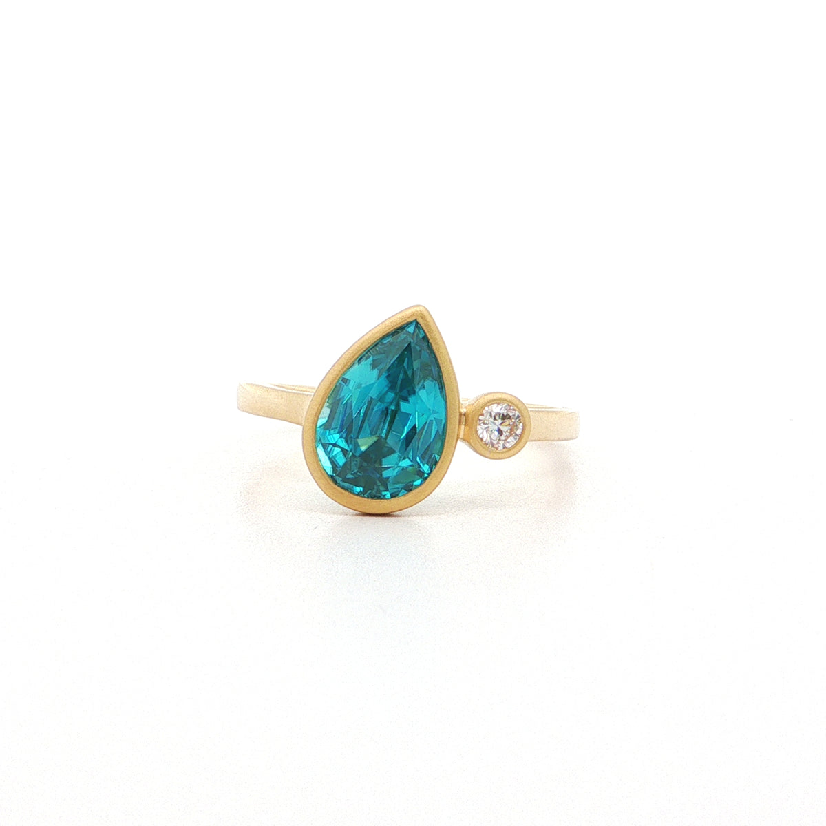Blue Zircon/Diamond Pear Shape 2 Stone Ring 2.88/0.08ct 18K Yellow Gold Size 7