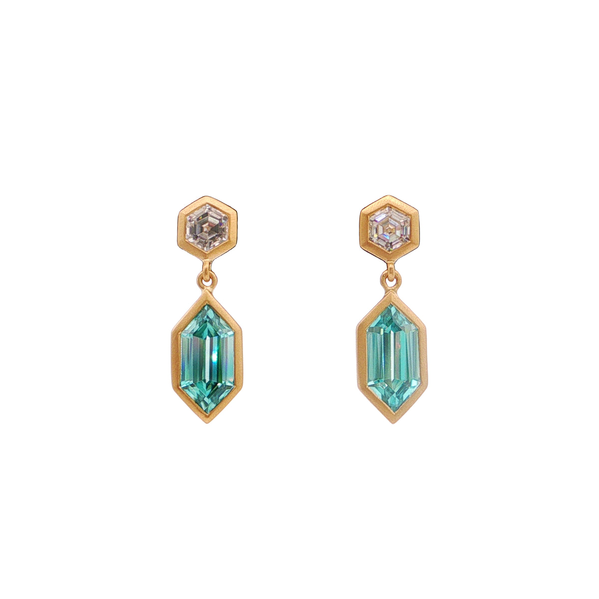 Blue Zircon/White Zircon Hexagon Bezel Earring 3.95/1.10ct 18K Yellow Gold