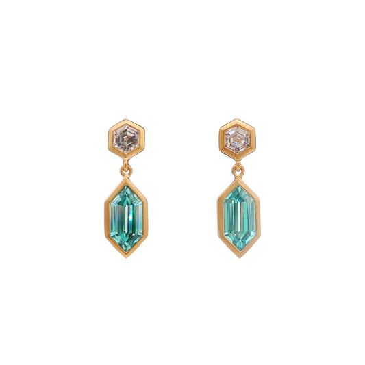 Blue Zircon/White Zircon Hexagon Bezel Earring 3.95/1.10ct 18K Yellow Gold