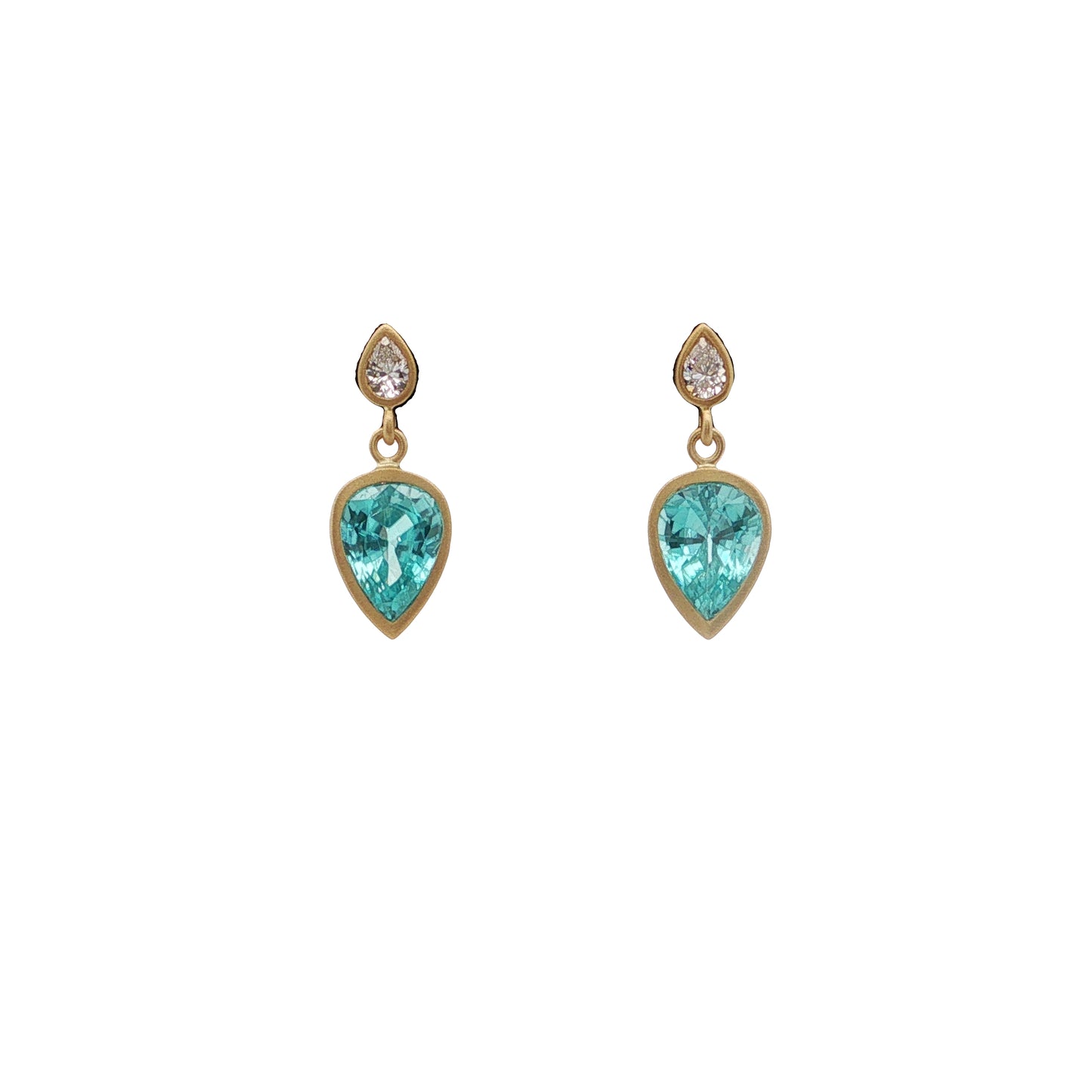 Blue Zircon/Diamond Pear Shape Bezel Earring 3.16/0.16ct 18K Yellow Gold