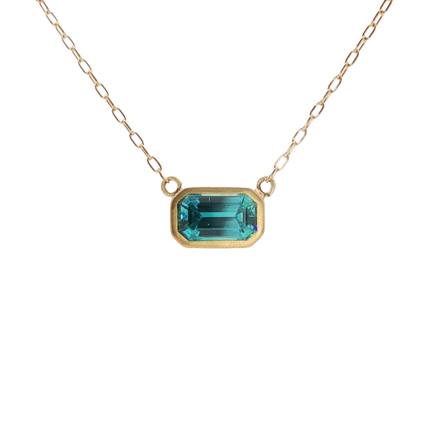 Blue Zircon Emerald Cut Bezel Necklace 3.54ct 18K Yellow Gold