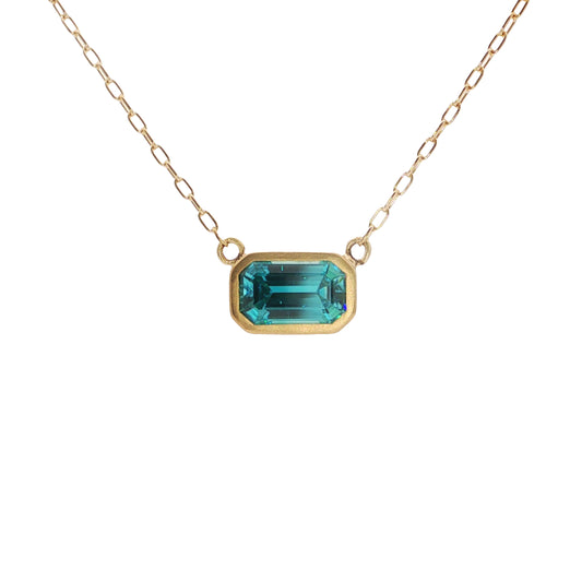 Blue Zircon Emerald Cut Bezel Necklace 3.54ct 18K Yellow Gold