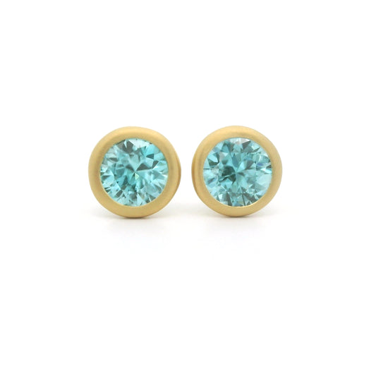 Blue Zircon Round Bezel Earring 1.29ct 18K Yellow Gold
