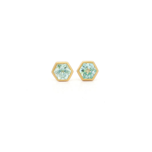 Blue Zircon Hexagon Bezel Earring 1.65ct 18K Yellow Gold