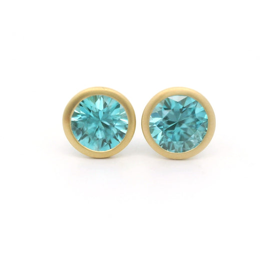 Blue Zircon Round Bezel Earring 3.57ct 18K Yellow Gold