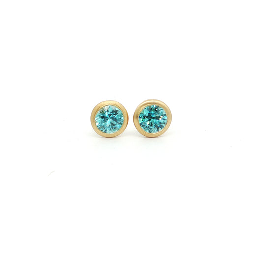 Blue Zircon Round Bezel Earring 1.31ct 18K Yellow Gold