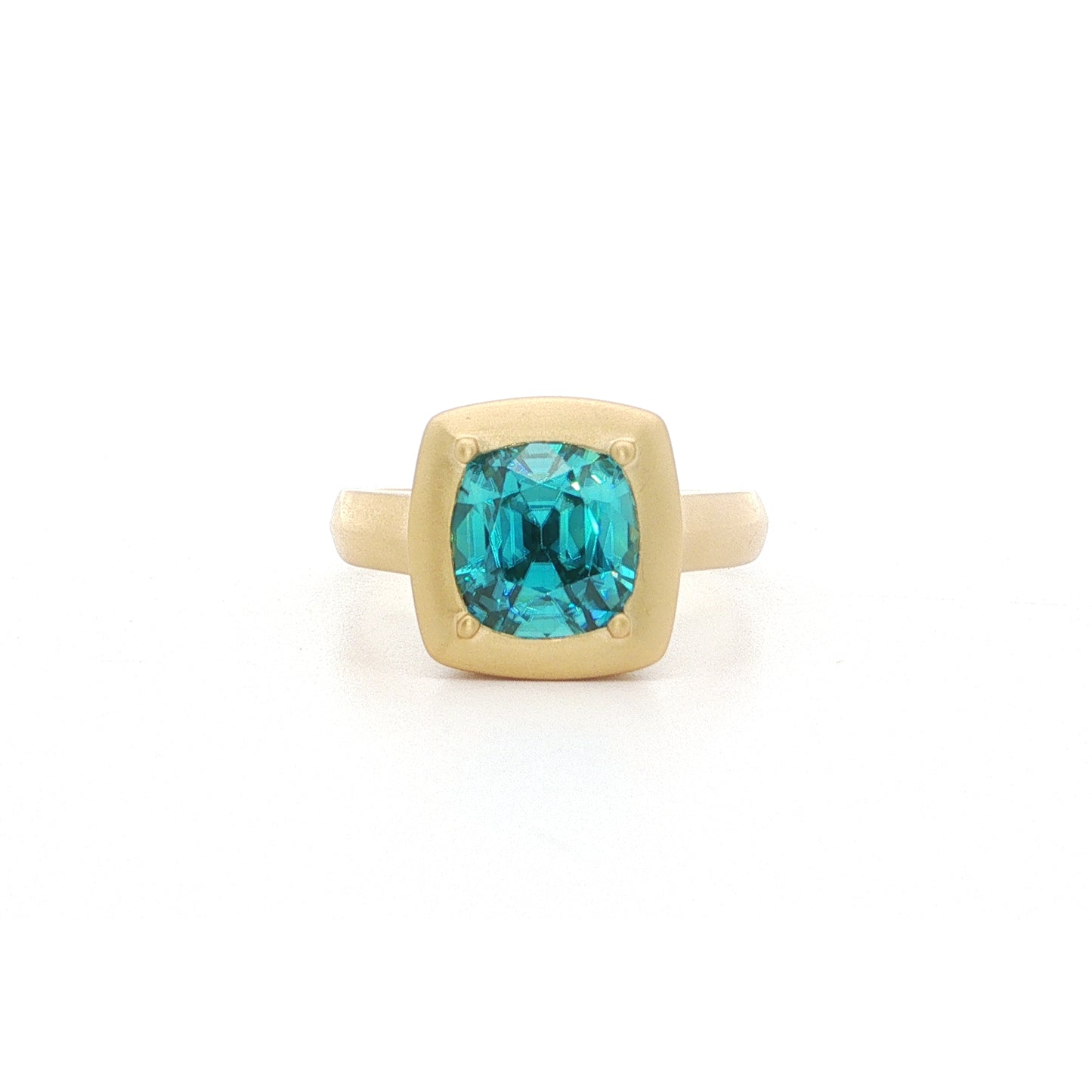 Blue Zircon Cushion Big Bezel Ring 4.30ct 18K Yellow Gold Size 7
