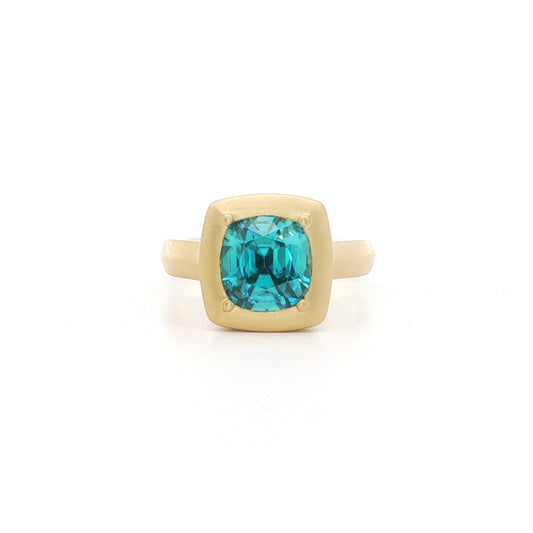 Blue Zircon Cushion Big Bezel Ring 4.30ct 18K Yellow Gold Size 7