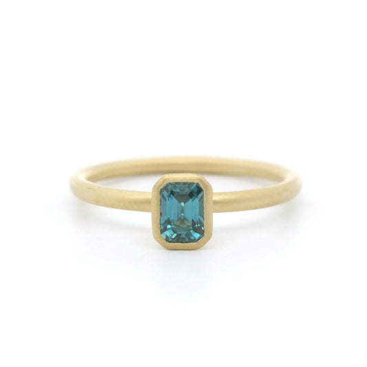 Blue Zircon Emerald Cut Yumdrop Ring 0.56ct 18K Yellow Gold Size 7