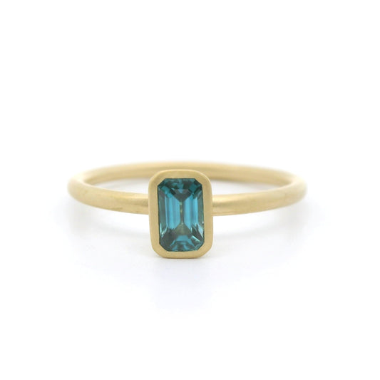 Blue Zircon Emerald Cut Yumdrop Ring 0.57ct 18K Yellow Gold Size 7