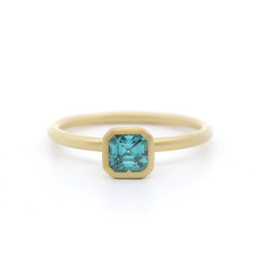 Blue Zircon Asscher Yumdrop Ring 0.65ct 18K Yellow Gold Size 7