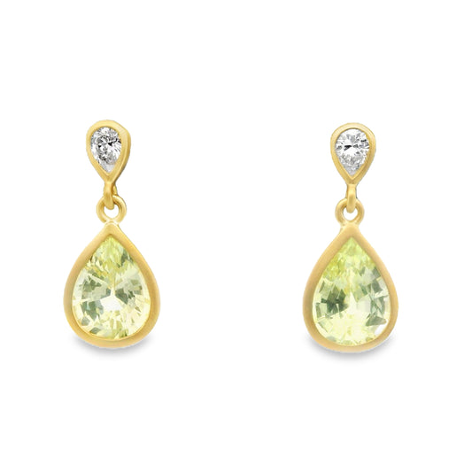 Chrysoberyl/Diamond Pear Shape Bezel Earring 0.13/0.16ct 18K Yellow Gold
