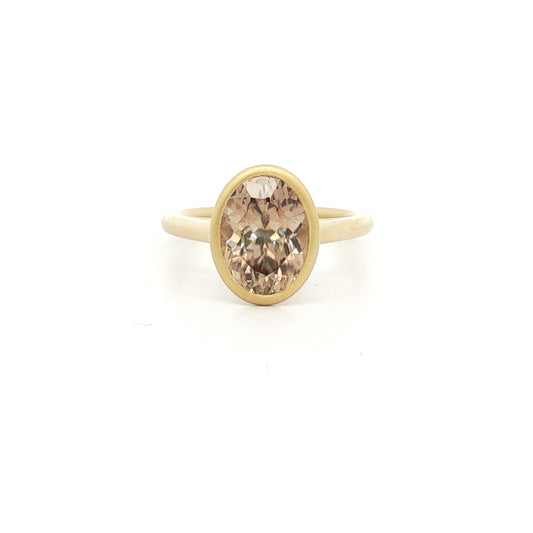 Champagne Zircon Oval Bezel Ring 4.76ct 18K Yellow Gold Size 7