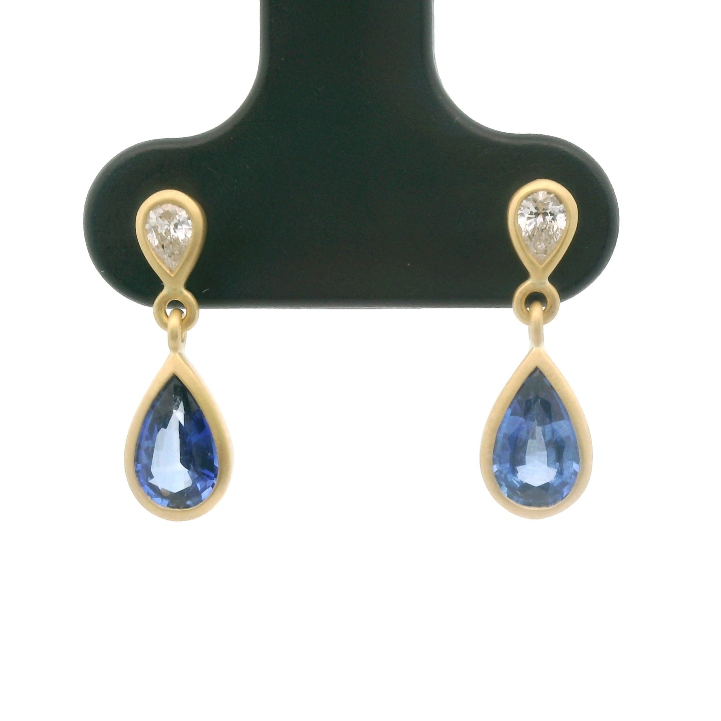Blue Sapphire/Diamond Pear Shape Bezel Earring 0.90/0.13ct 18K Yellow Gold