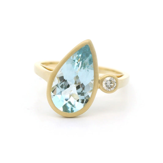 Aquamarine/Diamond Pear Shape 2 Stone Ring 2.00/0.08ct 18K Yellow Gold Size 7