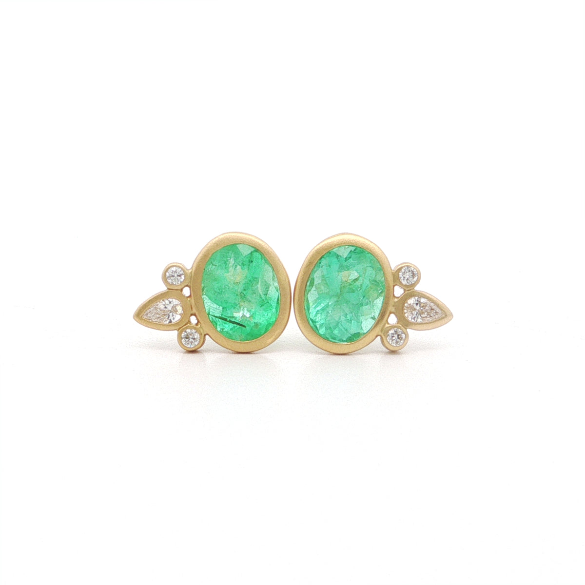 Emerald Oval Bezel with Diamonds Earring 1.78ct 18K Yellow Gold