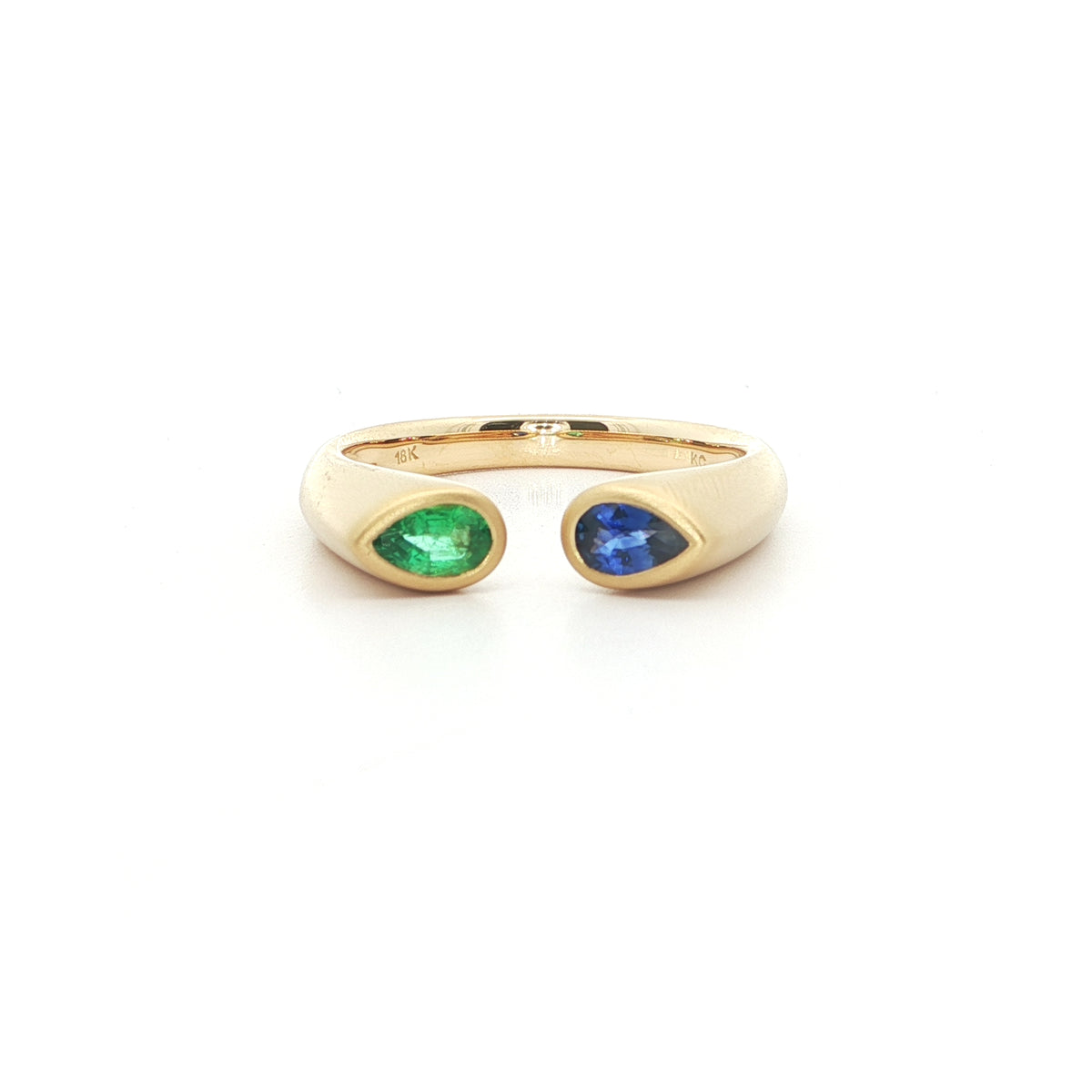 Emerald/Blue Sapphire Pear Shape Hug Ring ~0.50ct 18K Yellow Gold Size 7.25