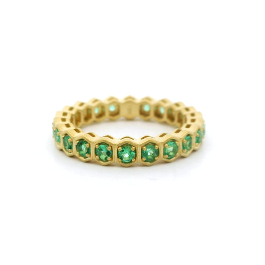 Emerald Round Eternity Band Hexagon Ring 0.95ct 18K Yellow Gold Size 7