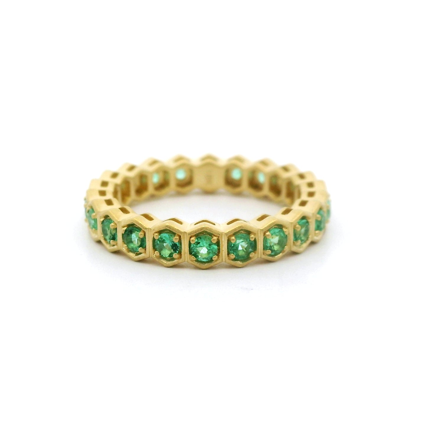 Emerald Round Eternity Band Hexagon Ring 0.95ct 18K Yellow Gold Size 7.5
