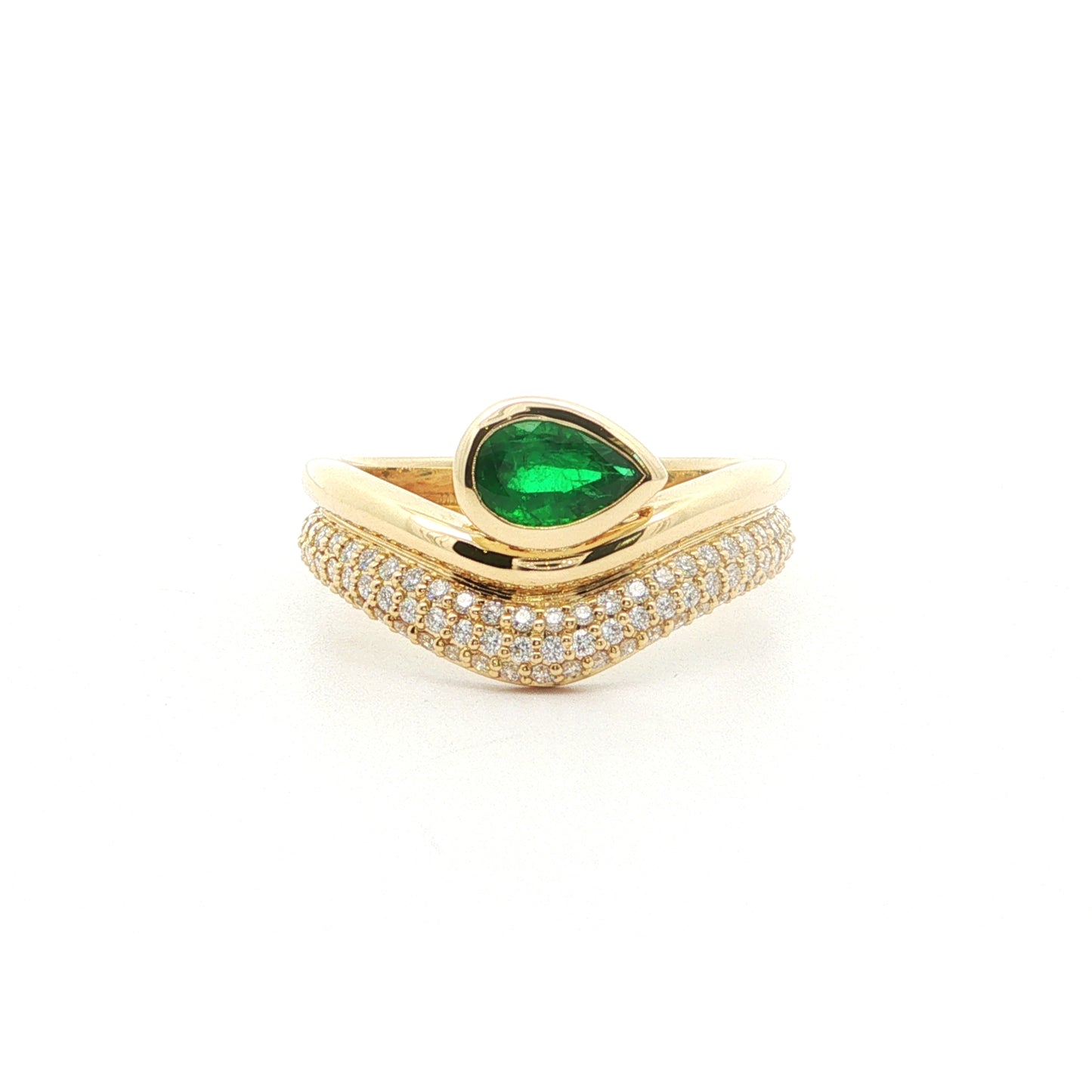 Emerald Pear Shape Swoop with Diamonds Ring 0.55/.36ct 18K Yellow Gold Size 7