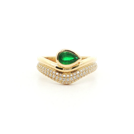 Emerald Pear Shape Swoop with Diamonds Ring 0.55/.36ct 18K Yellow Gold Size 7