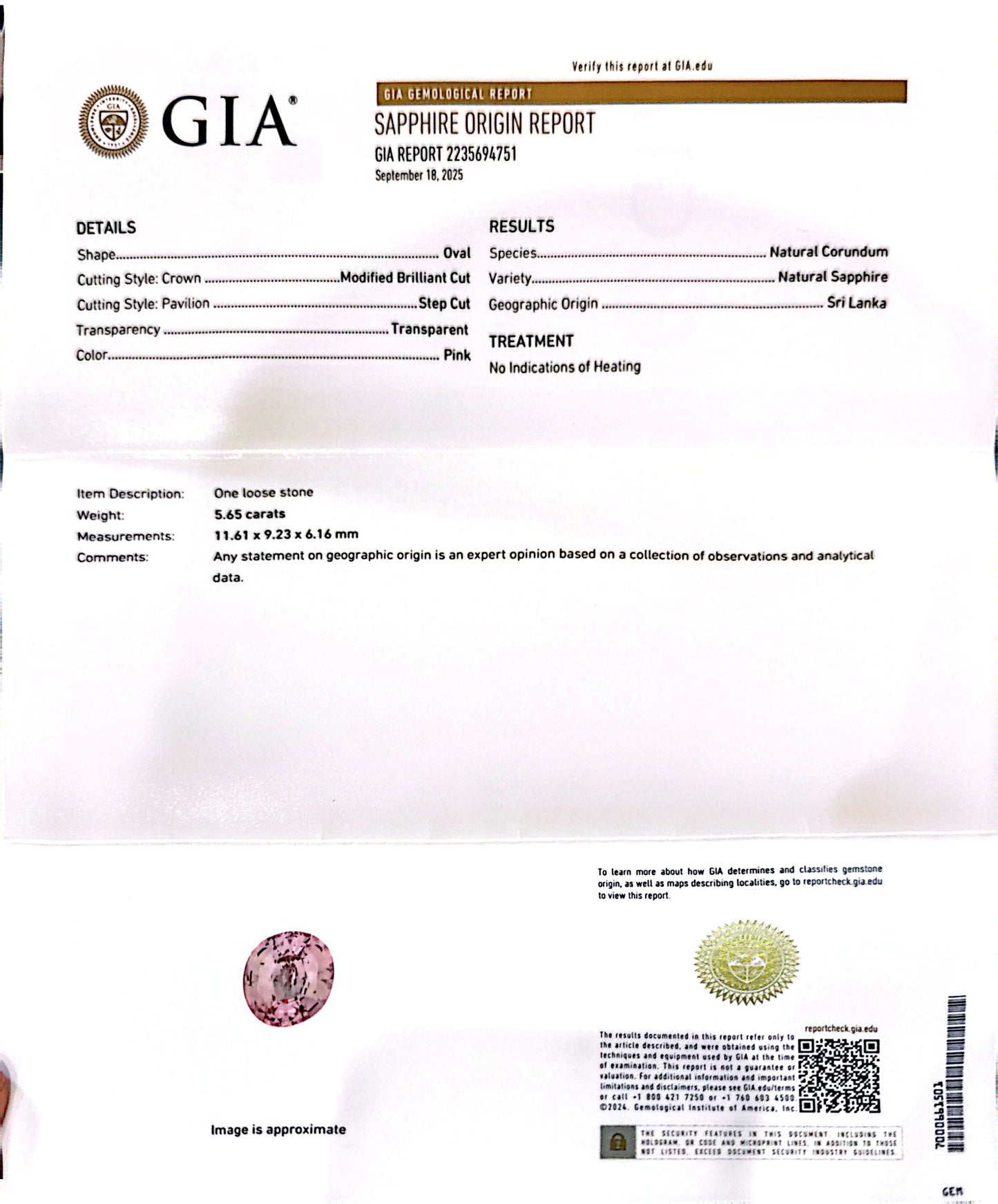 PAD OV (GIA) 5.65CT (N) 11.5X9.2MM KC98500