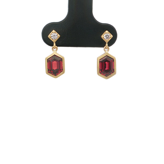 Garnet/Diamond Hexagon Bezel Earring 1.98/0.08ct 18K Yellow Gold