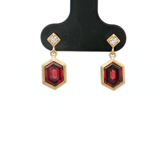 Garnet/Diamond Hexagon Bezel Earring 2.44/0.07ct 18K Yellow Gold