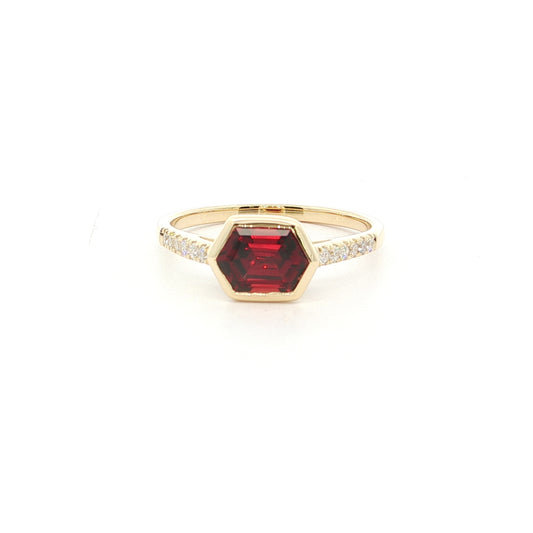Garnet Hexagon Skinny Stack Ring 1.23/0.12ct 18K Yellow Gold Size 7