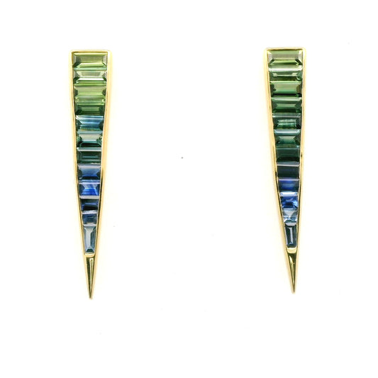 Blue Sapphire/Green Sapphire Fancy Cut Ombré Bezel Earring ~3.00ct 18K Yellow Gold