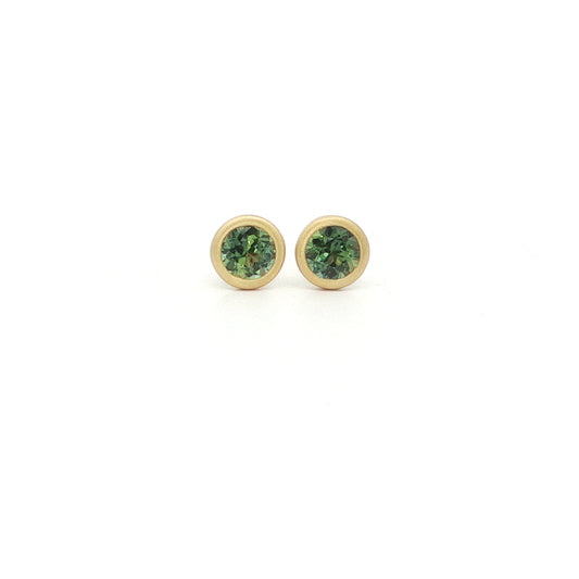 Green Sapphire Round Bezel Earring 0.86ct 18K Yellow Gold